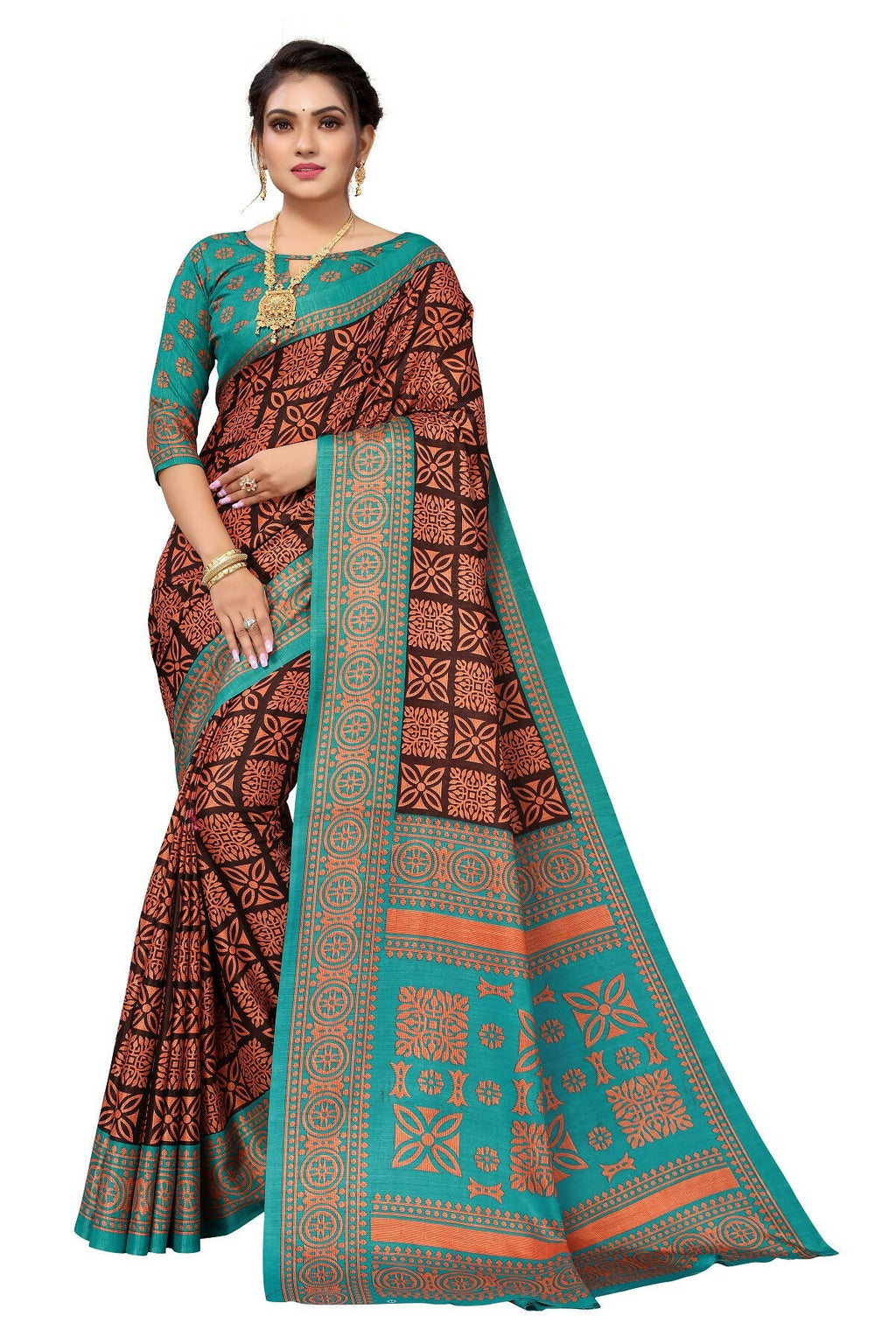 Vamika Brown Printed Art Silk Saree