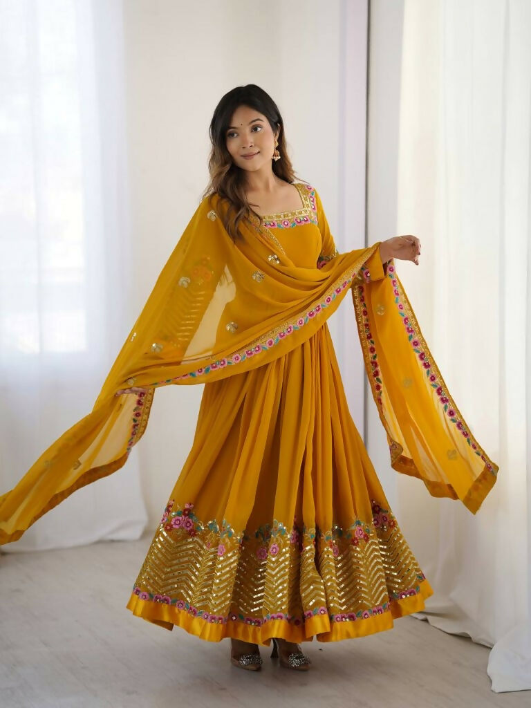 Teeya Creation Yellow Color Heavy Georgette Wedding Wear Embroidery Work Long Gown - Distacart