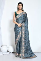 Teal Satin Silk Sequence Embroidered with Stone work Saree - Nimaya Benzy