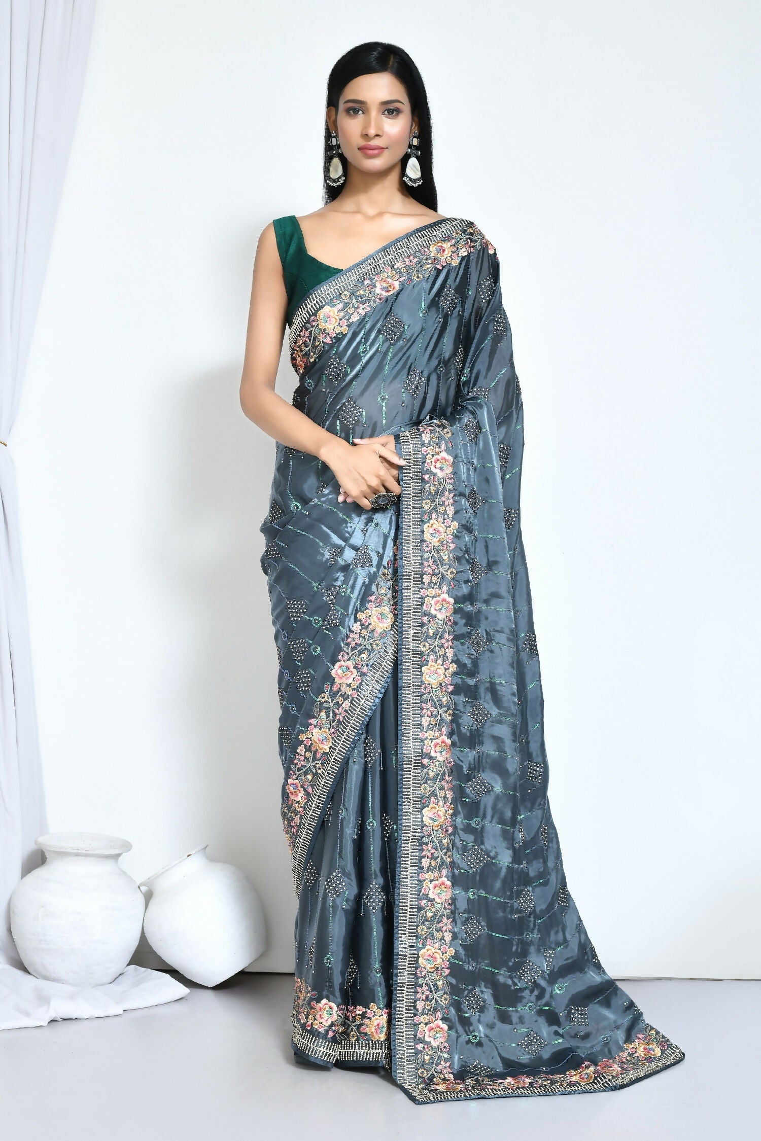 Teal Satin Silk Sequence Embroidered with Stone work Saree - Nimaya Benzy