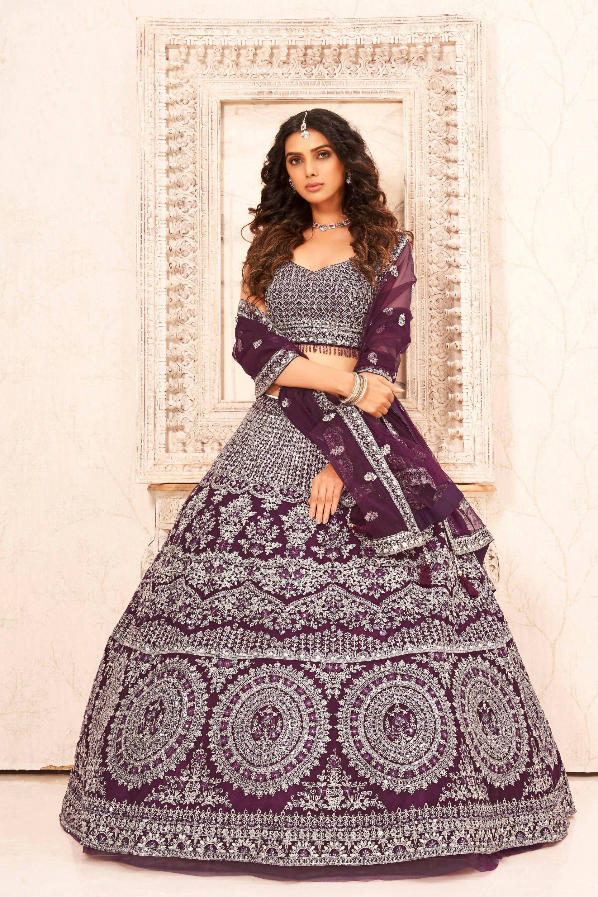 Purple Soft Net Embroidery sequence work Lehenga Choli with Dupatta - Dhvani