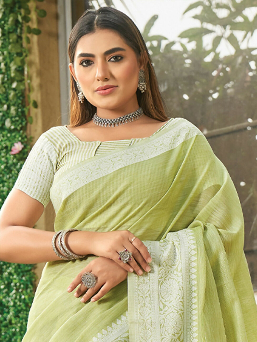 Shree Shyam Fashion Lime Green Linen Saree - Distacart