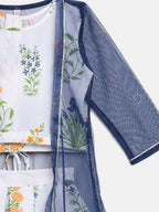 Ahalyaa Off White Cotton Printed Kids Top and Palazzo With Net Jacket For Girls