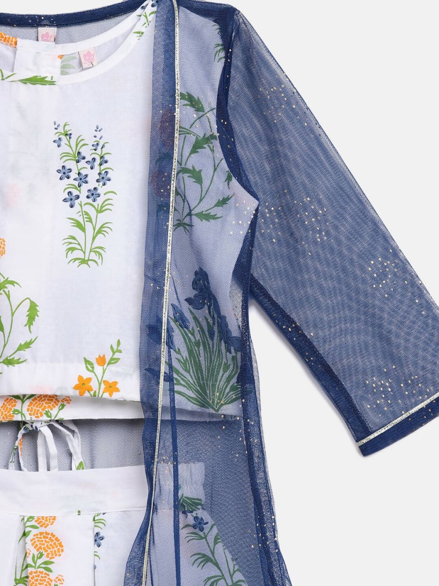 Ahalyaa Off White Cotton Printed Kids Top and Palazzo With Net Jacket For Girls