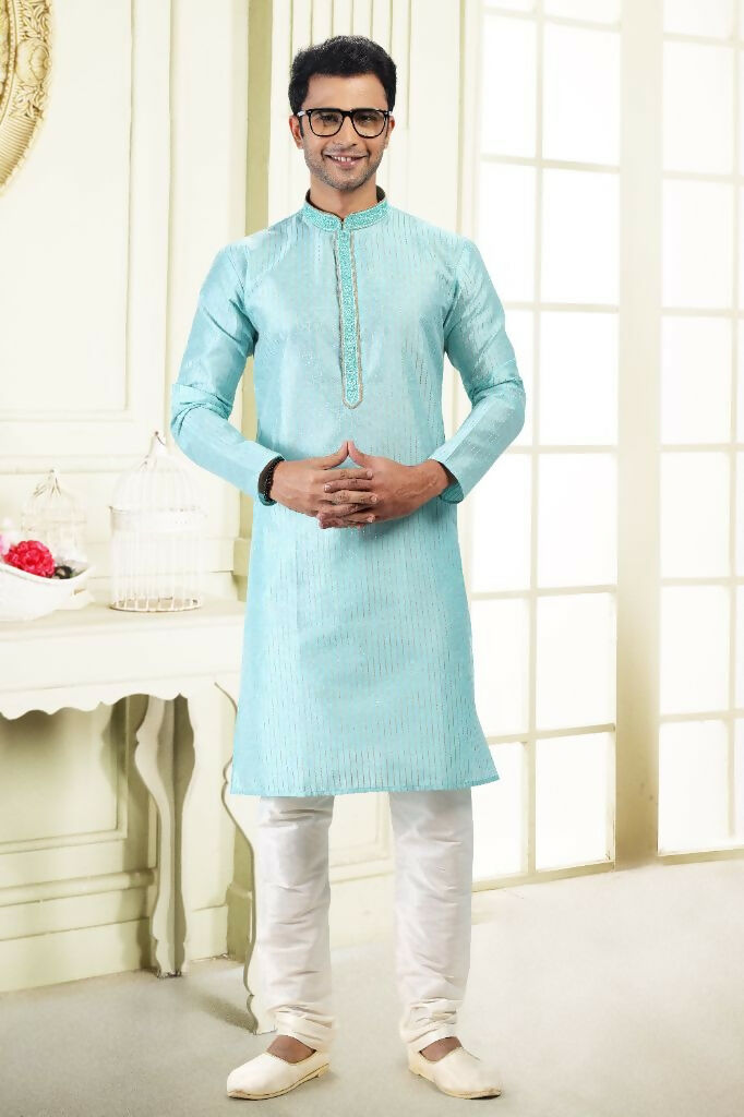 Raivat Ethnic Jacquard Art Silk Thread Work Kurta Pajama In Sky Blue Colour - Distacart