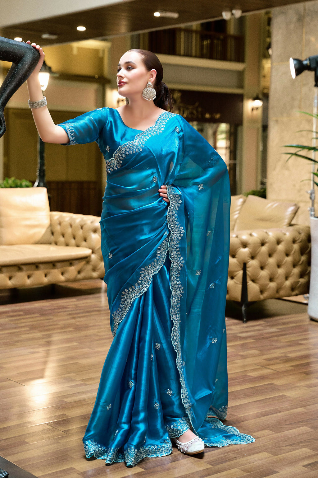 Vastranavya Sea Blue Embroidery Work Shimmer Chiffon Saree with Unstitched Blouse - Distacart
