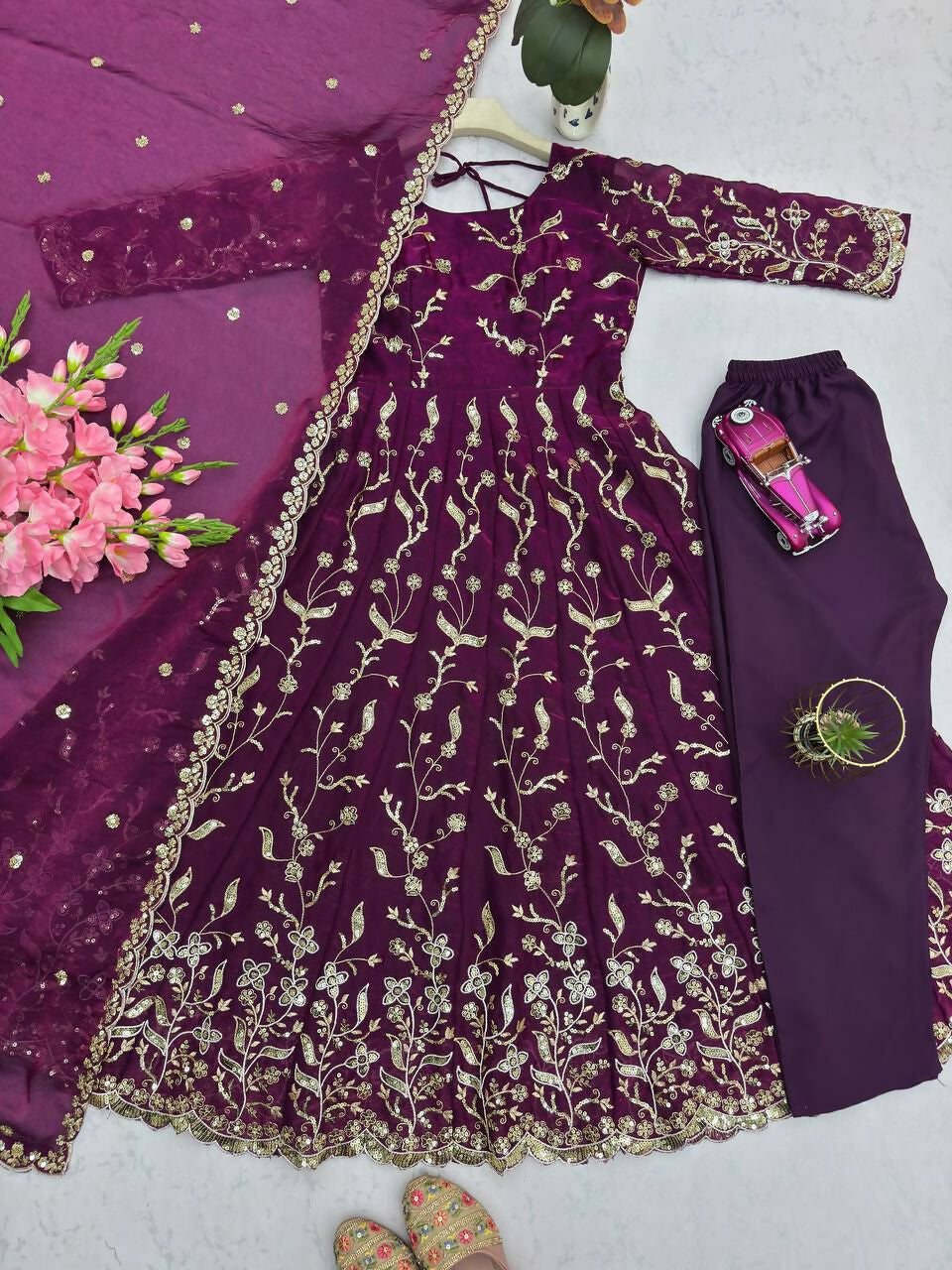Teeya Creation Wine Color Faux Georgette Long Party Wear Gown - Distacart