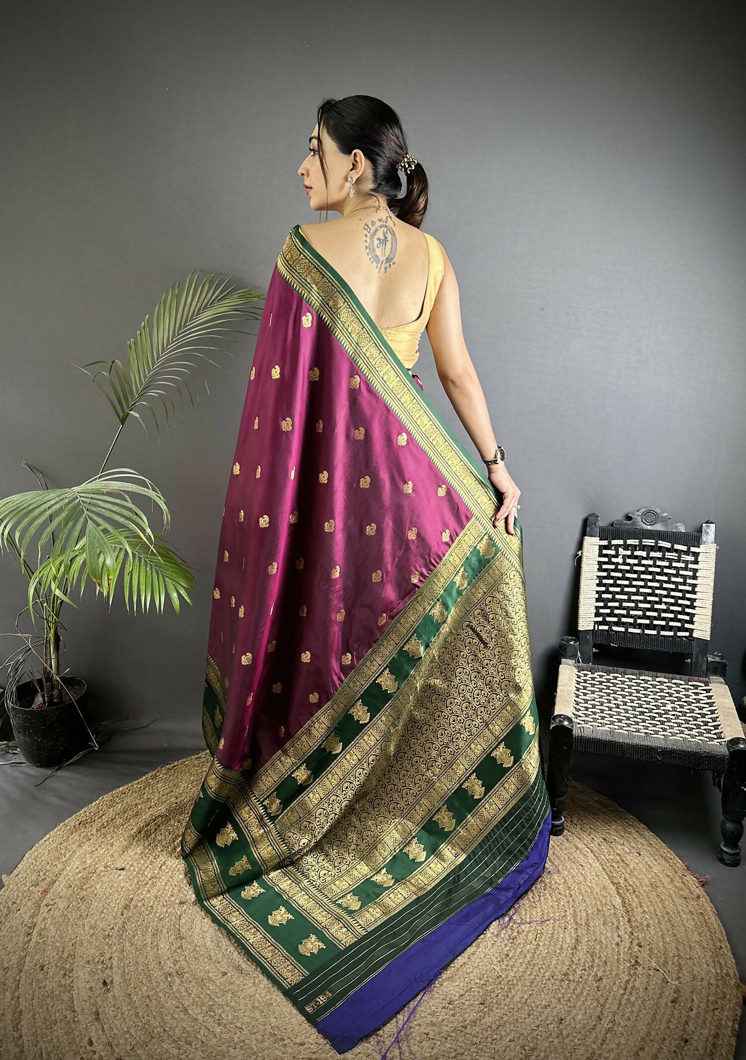 Joban Fashion Wine Banarasi Soft Silk Woven Butti Saree - Distacart