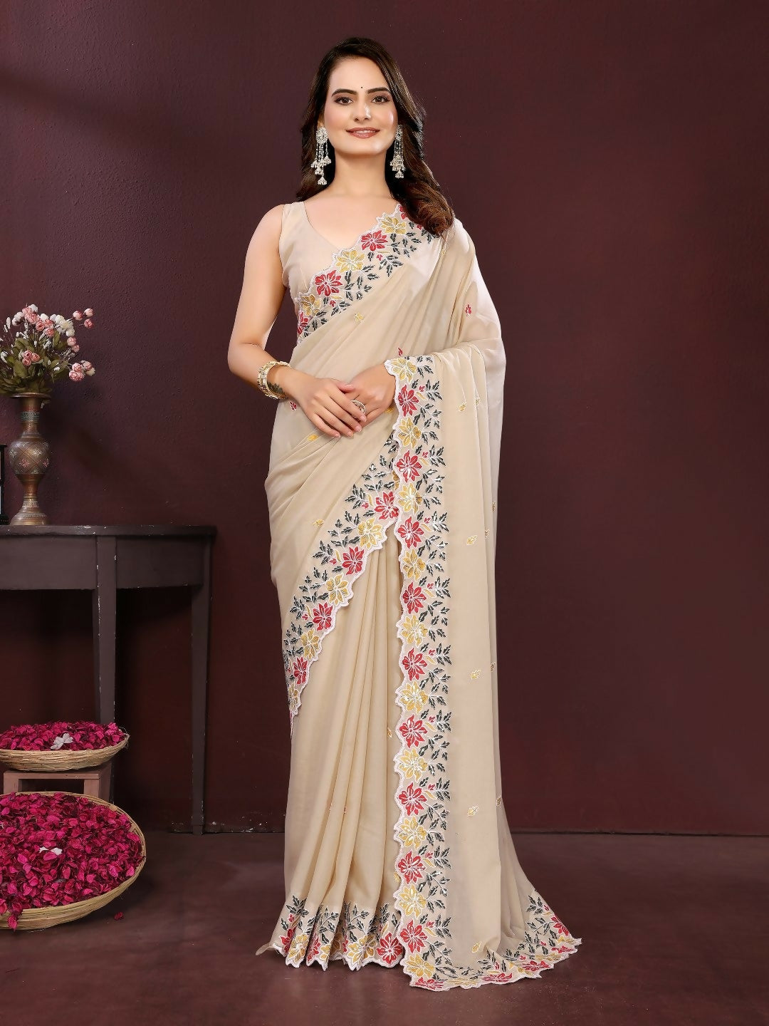 Ai Fashion Peach Soft Star Georgette Embroidery Party Wear Saree - Distacart
