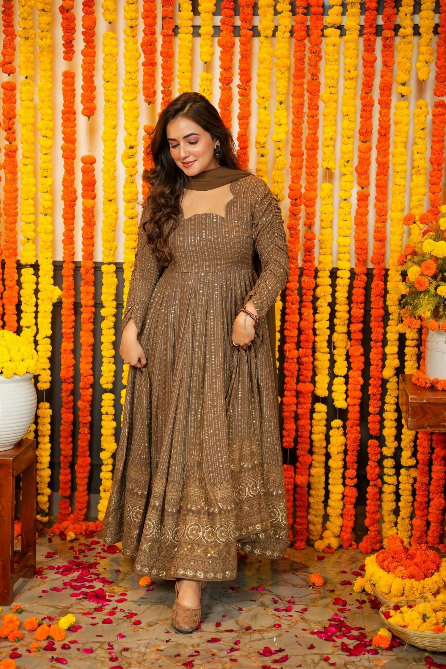 Aayaa Designer Embroidery Zari Sequins Work Faux Blooming Georgette Suit - Brown - Distacart