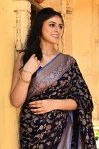 Joban Fashion Navy Blue Crepe Chiffon Pure Handloom Banarasi Silk Saree