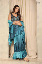 Blue Satin Solid Designer, Printed Party Wear Ready To Wear Saree - Nasreen