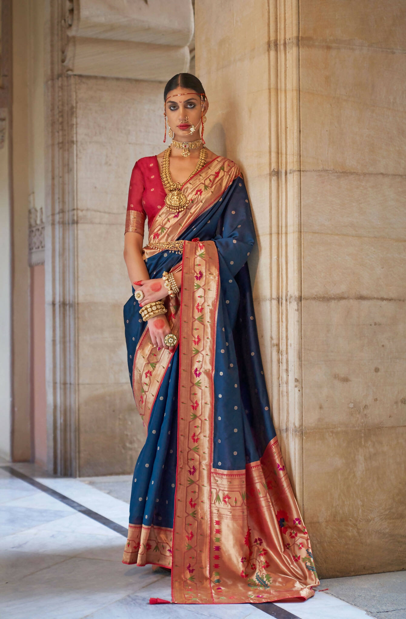 Navu Blue Soft V.P. Silk Magnum Finish, Weaving, Golden Zari Paithani Silk Saree - Rath Kadampalli