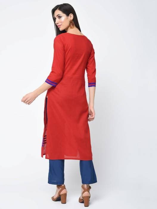 Aniyah Cotton Red Color Straight Kurta With Patchwork (AN-108K)