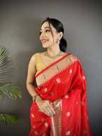 Joban Fashion Red Peacock & Floral Motifs Soft Silk Kanchipuram Saree - Distacart