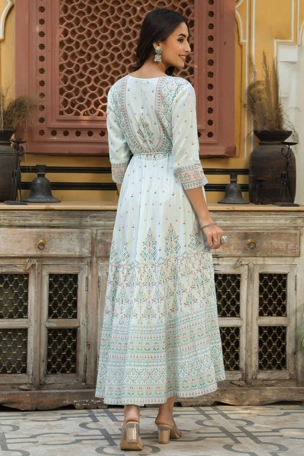 Juniper Women's Skyblue Viscose Shantoon Festive Printed Flared Dress - Distacart