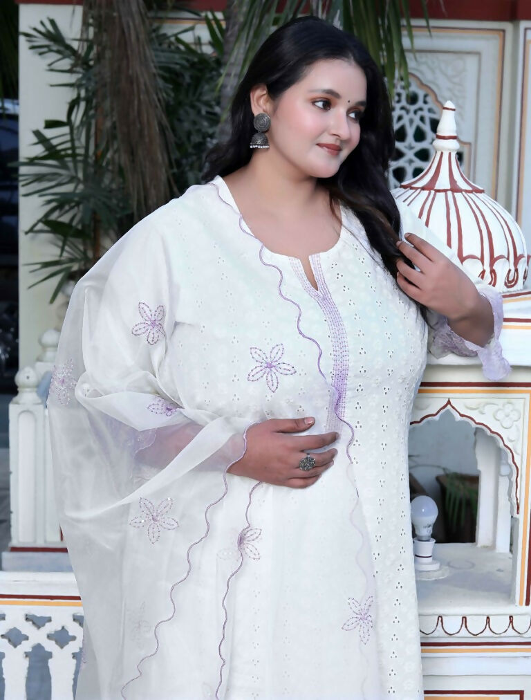 Miravan Women's Plus Size Organza Cotton Chikankari Embroidered With Purple Sequence work Jaipuri Suit Set