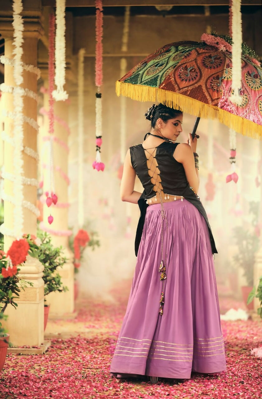 Teeya Creation Lavender Colour Rayon Silk Embroidery Work Fully Stitched Navratri Lehenga