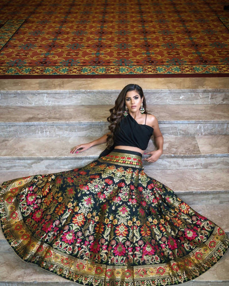 Black Banarasi Silk Lehenga Choli for Women, Ready to Wear Stitched Lengha Choli for Party by Infinity Export
