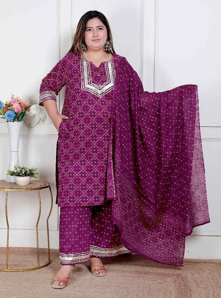 Miravan Plus Size Magenta Embroidered Cotton Kurta With Palazzo And Dupatta - Distacart