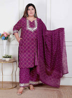 Miravan Plus Size Magenta Embroidered Cotton Kurta With Palazzo And Dupatta - Distacart