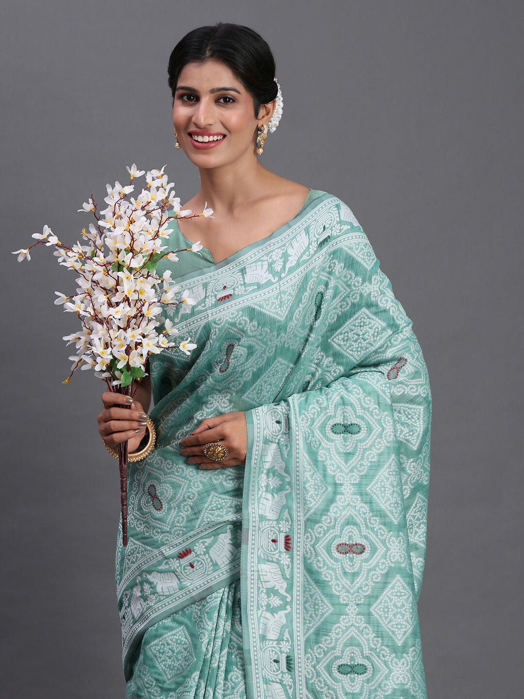 Shree Shyam Fashion Linen Cotton Sea Green Saree - Distacart