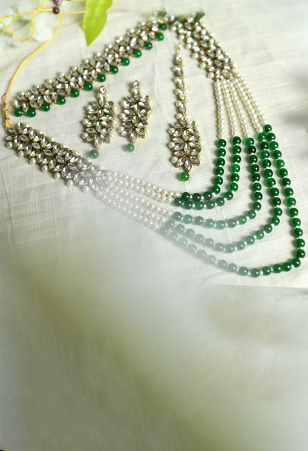 Mominos Fashion Johar Kamal Gold-Polished Rani Haar with Green and Off white Pearls Jewellery Set
