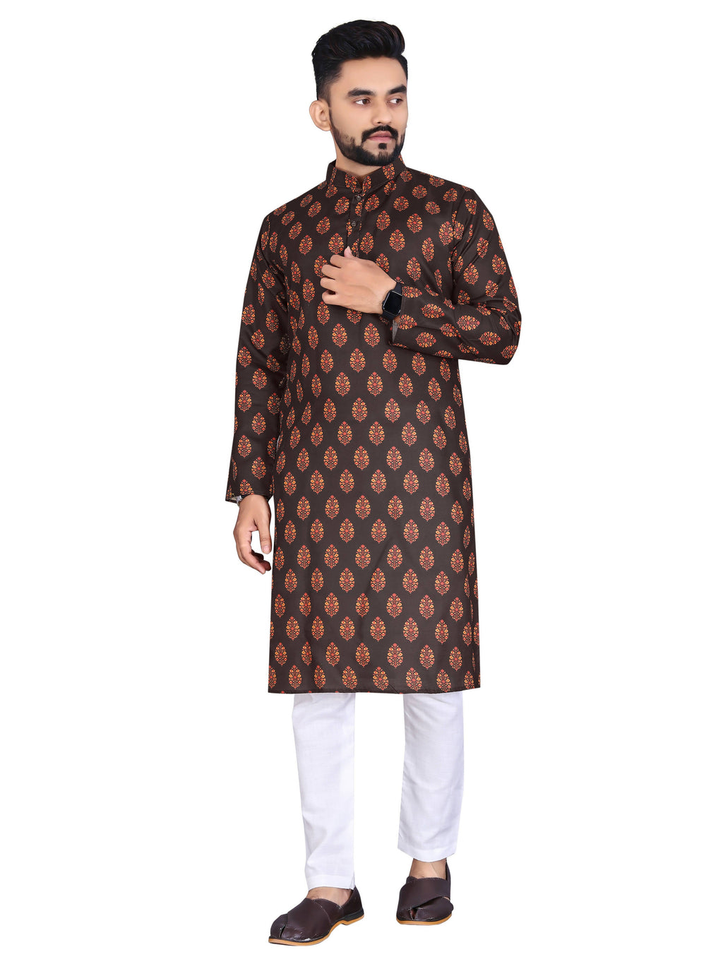 Mens Brown Cotton Printed Kurta - Mahotsav