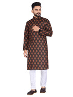 Mens Brown Cotton Printed Kurta - Mahotsav