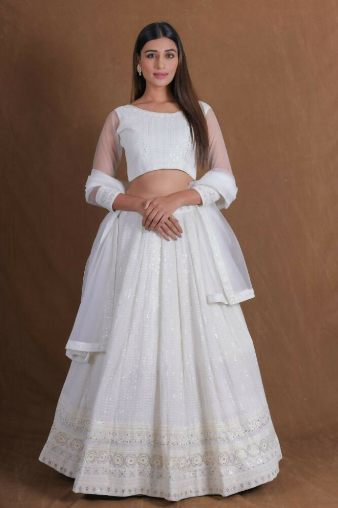 White Thread Sequenve Embroidery Work Lehenga Choli Set - Jihu Culture