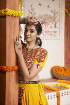 Yellow Viscose Rayon Thread Embroidery with mirror work Navratri Lehenga Choli with Dupatta - Raas