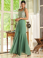 Janasya Sage Green Georgette Sequined Top Bottom Cape