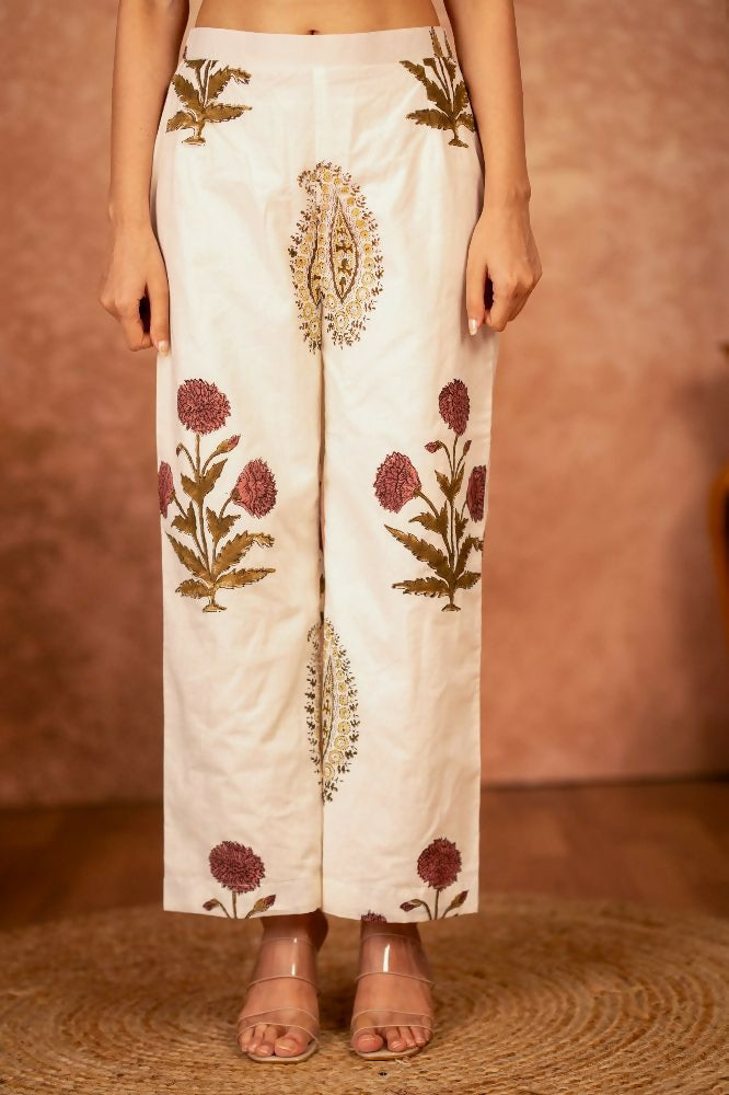 Joban Fashion Off White Red Floral Hand Block Printed Cotton Kurta Pant Set - Distacart