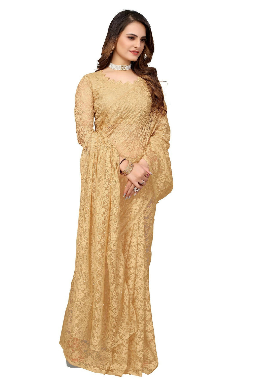 Vamika Brown Pearls Net Saree - Distacart