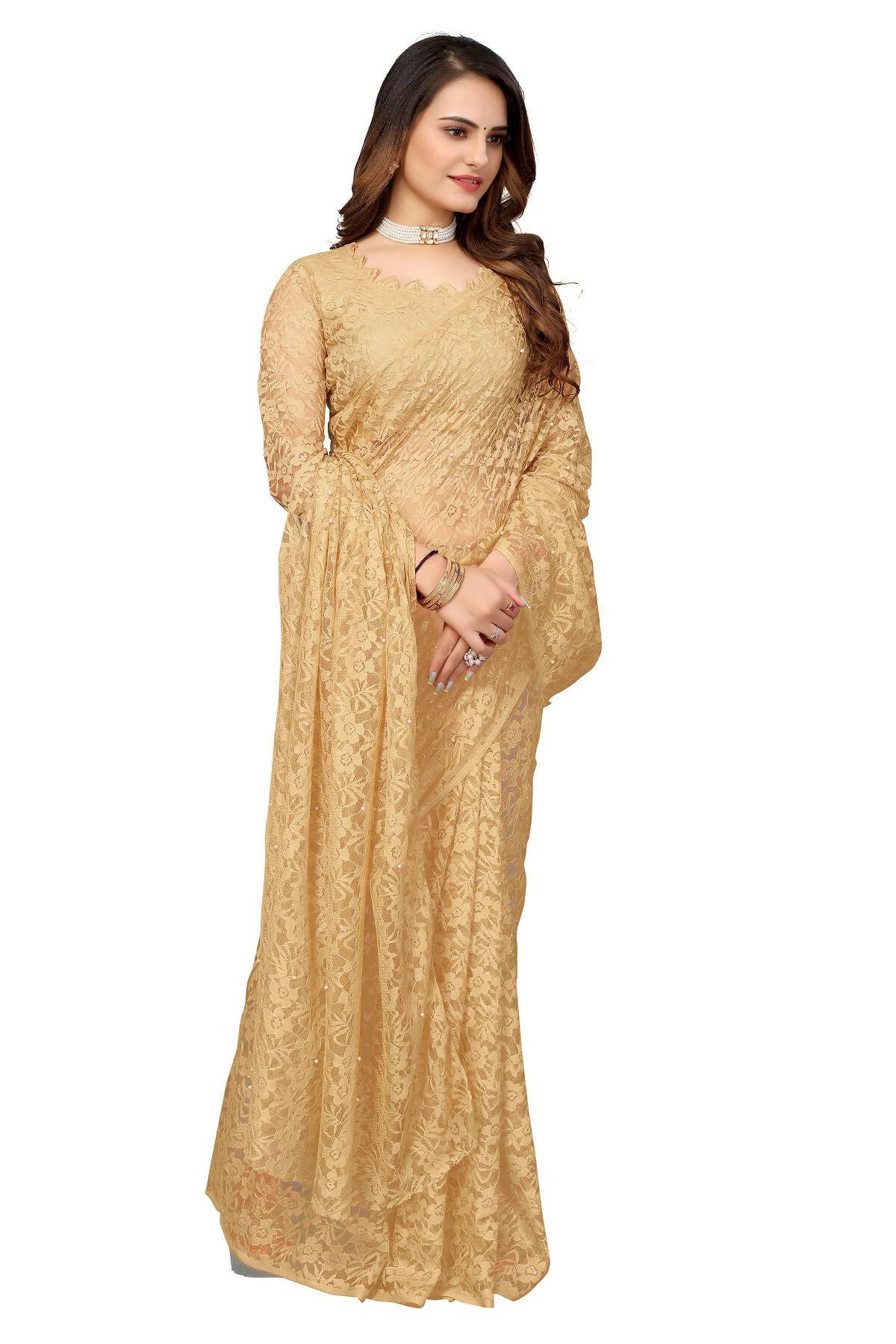 Vamika Brown Pearls Net Saree - Distacart