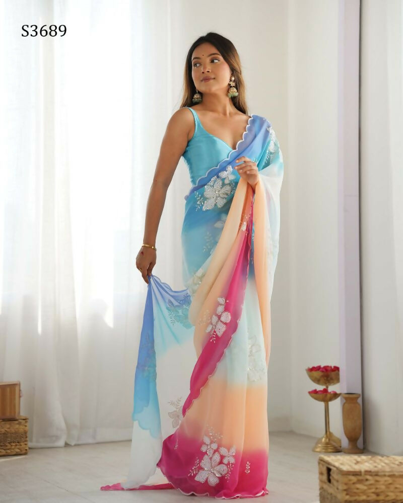 Sky Blue Georgette Pedding Color, Embroidery Work Party Wear Saree - Erisha