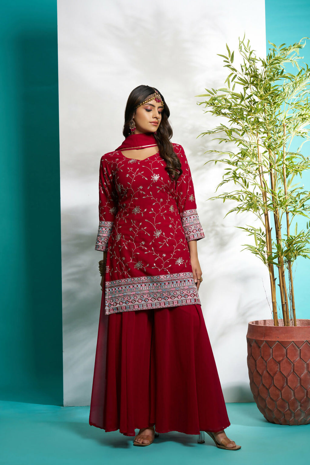 Aayaa Designer Faux Gorgette Embroidery Zari Sequins Thread work Full Flaired plazzo Suit with Dupatta - Maroon