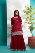 Aayaa Designer Faux Gorgette Embroidery Zari Sequins Thread work Full Flaired plazzo Suit with Dupatta - Maroon
