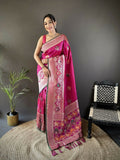 Joban Fashion Pink Elephant & Floral Motifs Soft Lichi Silk Banarasi Saree - Distacart