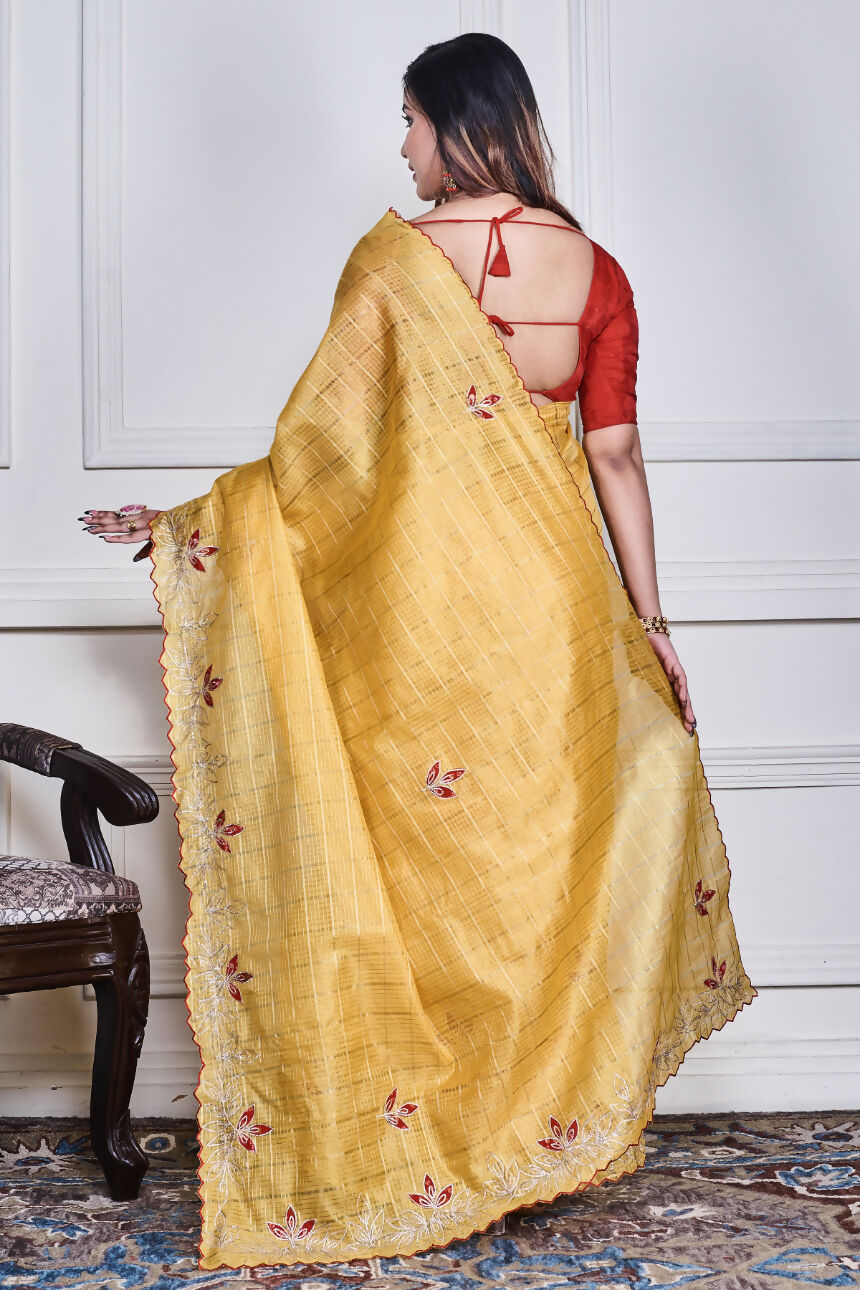Morchari Yellow Kota Check Zari Embroidery Saree Unstitched Blouse - Distacart