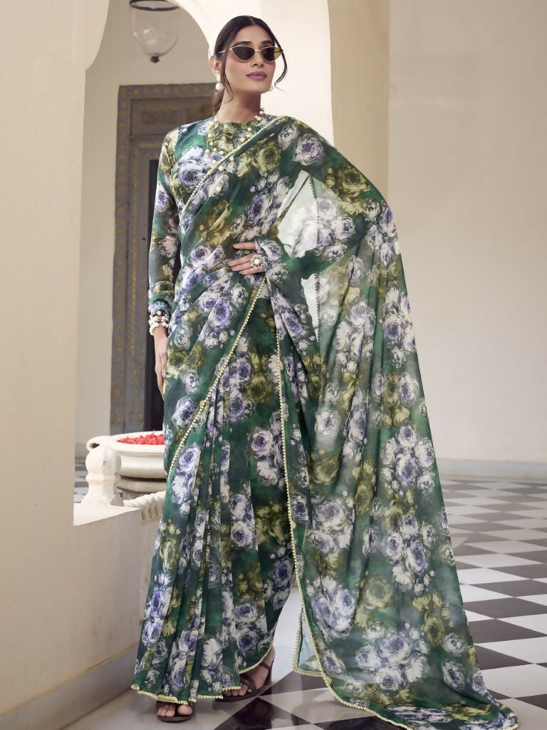 Vastranavya Green Weightless Marble Printed & Pearl Lace Border Saree with Unstitched Blouse