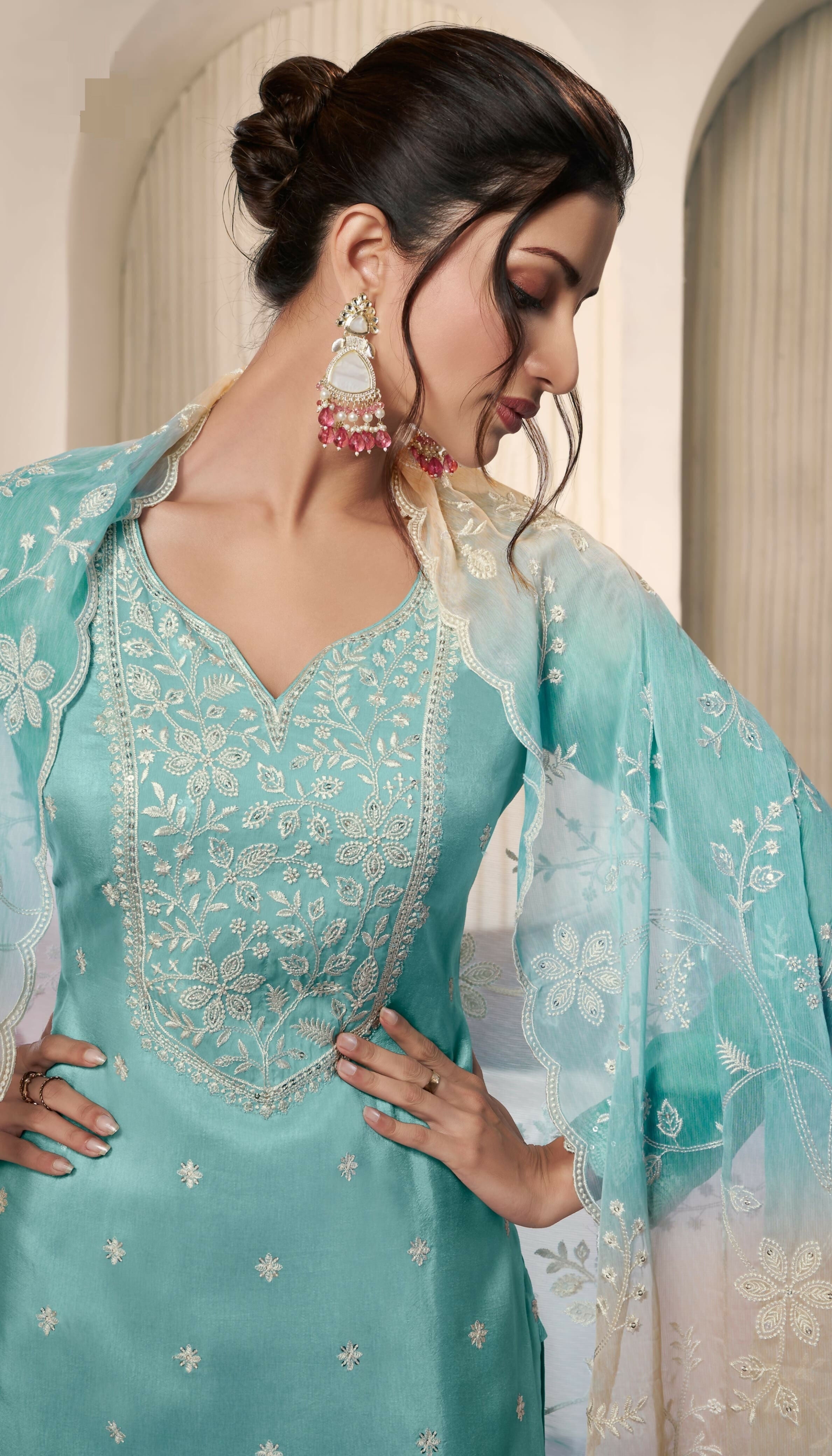 Anaita Aqua blue Embroidered Silk Stitched Salwar Suit - Distacart