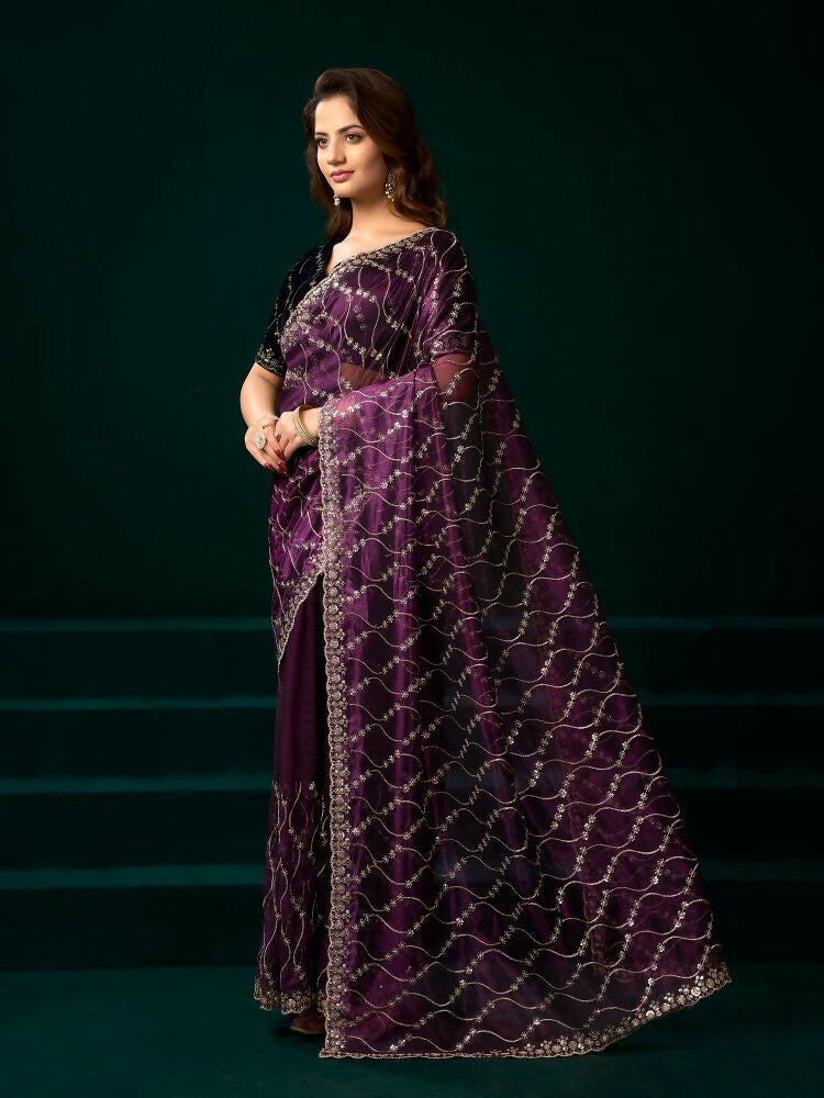 Joban Fashion Wine Net Party Wear Sarees - Distacart