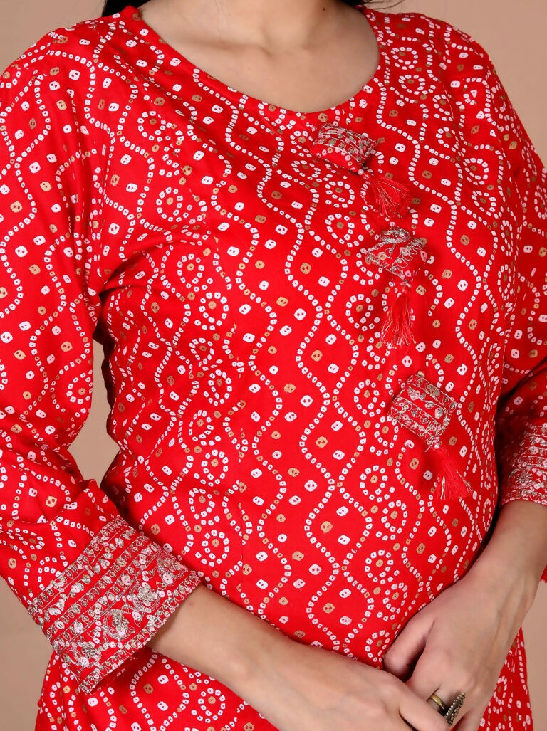 Miravan Women's Festive Wear Red Bandhani Printed Straight Kurta
