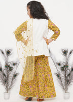Little Bansi Girls Cotton Embroidery Kurta with floral sharara with Dupatta - White & Yellow