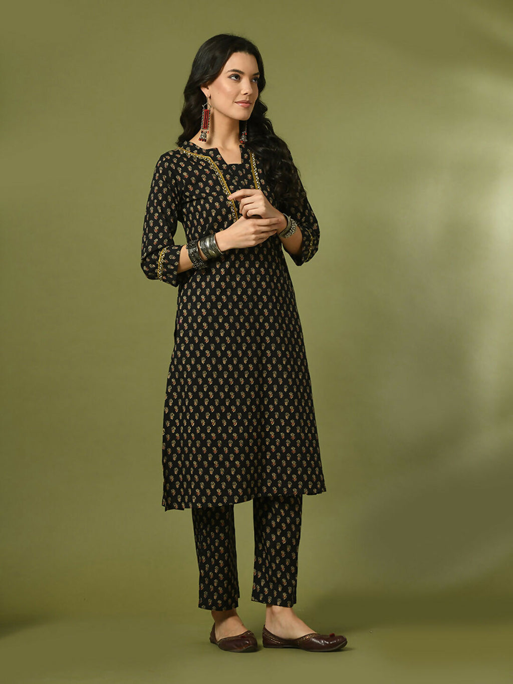 Myshka Women's Black Printed Cotton Straight Party Kurta Set