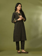 Myshka Women's Black Printed Cotton Straight Party Kurta Set