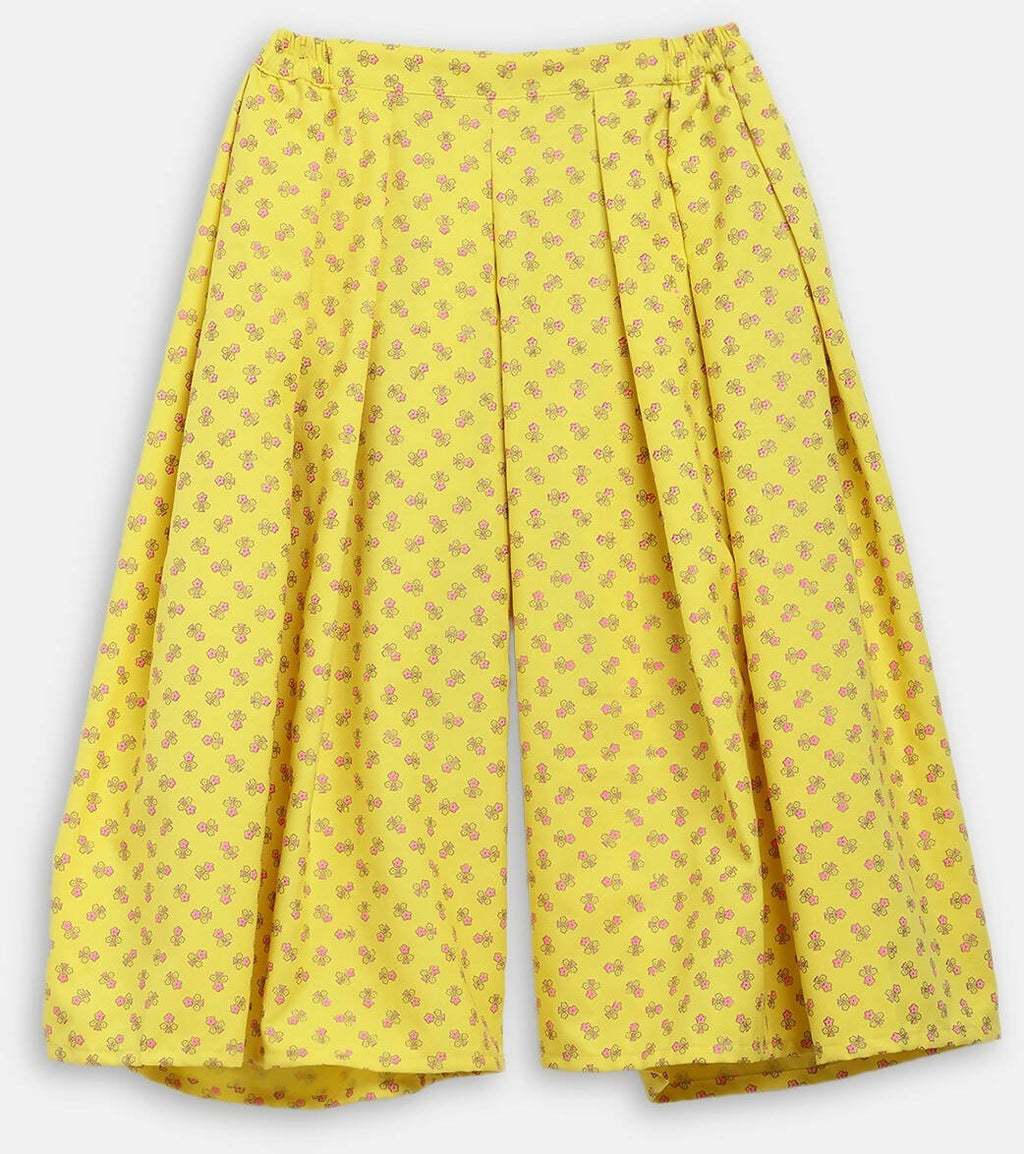 Ahalyaa Yellow Viscose Rayon Printed Kids Top & Palazzo Sets With Jacket For Girls