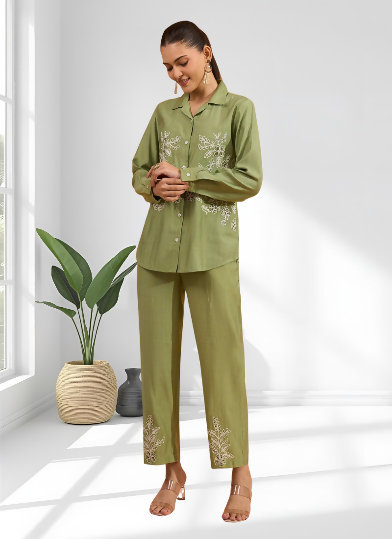 Joban Fashion Green Silk Embroidered Readymade Cord Set - Distacart