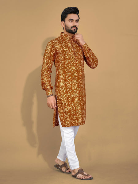 Anaita Mustard Printed Cotton Straight Kurta